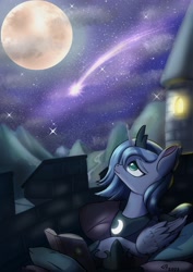 Size: 2480x3508 | Tagged: safe, artist:db, imported from derpibooru, princess luna, alicorn, pony, book, eyebrows, female, folded wings, high res, looking up, lying down, mare, moon, night, pillow, prone, shooting star, smiling, solo, stars, wings