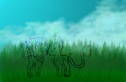 Size: 5400x3500 | Tagged: safe, artist:thecommandermiky, imported from derpibooru, oc, oc only, alicorn, cheetah, hybrid, pegasus, alicorn oc, cheek kiss, chest fluff, cloud, cloudy, forest, grass, grass field, horn, kissing, long tail, oc x oc, paws, pegasus oc, shipping, sketch, sketch dump, spread wings, tail, wings