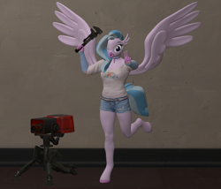 Size: 1260x1080 | Tagged: safe, artist:ponygamer2020, imported from derpibooru, silverstream, anthro, hippogriff, unguligrade anthro, 3d, bunny ears, bunny ears (gesture), clothes, criatures fortress 2, engineer, female, hooves, looking at you, nexgen, pants, pose, sentry gun, shirt, smiling, smiling at you, solo, source filmmaker, spread wings, t-shirt, tail, team fortress 2, weapon, wings, wrench