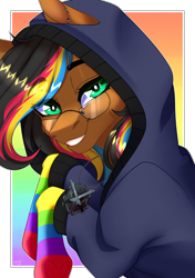 Size: 2760x3920 | Tagged: safe, artist:honeybbear, imported from derpibooru, oc, oc only, oc:notetaker, earth pony, pony, clothes, female, glasses, gradient background, hoodie, mare, rainbow background, rainbow socks, socks, solo, striped socks