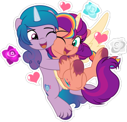 Size: 5193x5000 | Tagged: safe, artist:jhayarr23, imported from derpibooru, izzy moonbow, sunny starscout, alicorn, earth pony, pony, unicorn, artificial horn, artificial wings, augmented, commission, commissioner:raritybro, cute, female, flower, g5, heart, hug, hug from behind, izzybetes, izzyscout, lesbian, one eye closed, race swap, shipping, simple background, smiling, sunnybetes, sunnycorn, transparent background, wings, ych result
