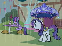 Size: 2048x1536 | Tagged: safe, imported from derpibooru, rarity, twilight sparkle, pony, unicorn, my little pony color by magic, the ticket master, .svg available, link in description, mushroom table, official, rain, saddle, svg, tack, twilight sparkle is not amused, umbrella, unamused, vector, wet, wet mane