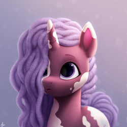 Size: 2000x2000 | Tagged: safe, artist:luminousdazzle, idw, imported from derpibooru, pony, unicorn, spoiler:comic, spoiler:g5comic, spoiler:g5comic14, bust, cute, dreadlocks, female, filly, foal, g5, gradient background, high res, markings, semi-realistic, solo, spots, violette rainbow, violettebetes, vitiligo