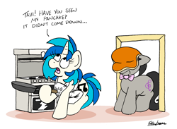 Size: 2337x1707 | Tagged: safe, artist:bobthedalek, imported from derpibooru, dj pon-3, octavia melody, vinyl scratch, earth pony, pony, unicorn, apron, bowtie, clothes, duo, female, food, frown, frying pan, hoof hold, horn, kiss the cook, mare, neck bow, oblivious, octavia is not amused, open mouth, oven, pancakes, signature, unamused, wub the cook