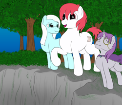 Size: 3476x3000 | Tagged: safe, artist:registereduser, imported from derpibooru, oc, oc only, oc:arcane flux, oc:cer, oc:nordic flame, earth pony, unicorn, cape, cliff, clothes, earth pony oc, horn, monocle, tree, unicorn oc