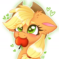 Size: 2189x2189 | Tagged: safe, artist:galaxy swirl, imported from derpibooru, applejack, earth pony, pony, apple, big ears, cute, food, jackabetes, mouth hold, solo