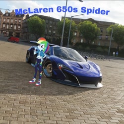 Size: 1080x1080 | Tagged: safe, edit, editor:scitwisparkle42, imported from derpibooru, rainbow dash, human, equestria girls, equestria girls series, car, forza horizon 4, game screencap, mclaren, mclaren 650s, solo, video game