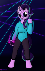 Size: 1401x2200 | Tagged: safe, artist:passionpanther, imported from derpibooru, starlight glimmer, anthro, unicorn, series:plur is magic, clothes, dancing, glowstick, leotard, rave, solo, sparkly