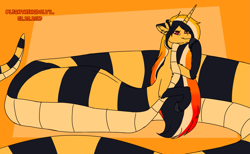 Size: 2825x1738 | Tagged: safe, artist:lightning bolty, imported from derpibooru, oc, oc:lightning bolty, lamia, original species, snake, abstract background, floppy ears, horn, long mane, raised hoof, striped body, striped ears, thick