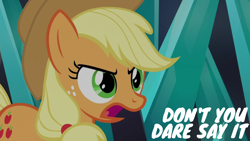 Size: 1920x1080 | Tagged: safe, edit, edited screencap, editor:quoterific, imported from derpibooru, screencap, applejack, earth pony, pony, the beginning of the end, angry, applejack's hat, cowboy hat, female, freckles, hat, mare, open mouth, solo