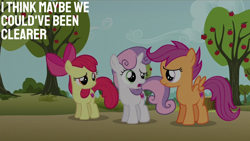 Size: 2000x1125 | Tagged: safe, edit, edited screencap, editor:quoterific, imported from derpibooru, screencap, apple bloom, scootaloo, sweetie belle, earth pony, pegasus, pony, unicorn, the fault in our cutie marks, apple, apple tree, bow, cutie mark crusaders, female, filly, foal, frown, hair bow, looking at each other, looking at someone, open mouth, spread wings, standing, tree, trio, trio female, wings