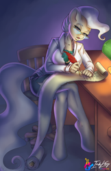 Size: 660x1020 | Tagged: safe, artist:inkkeystudios, imported from derpibooru, mayor mare, anthro, unguligrade anthro, breasts, busty mayor mare, quill, scroll, solo, stupid sexy mayor mare