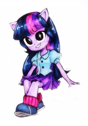 Size: 2351x3335 | Tagged: safe, artist:liaaqila, imported from derpibooru, part of a set, twilight sparkle, anthro, human, equestria girls, equestria girls minis, female, pony ears, simple background, solo, starry eyes, toy interpretation, traditional art, white background, wingding eyes