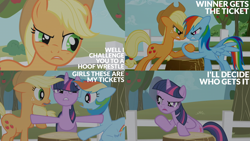 Size: 2000x1125 | Tagged: safe, edit, edited screencap, editor:quoterific, imported from derpibooru, screencap, applejack, rainbow dash, twilight sparkle, earth pony, pegasus, pony, unicorn, the ticket master, angry, animation error, apple, apple tree, applejack's hat, argument, arm wrestling, cowboy hat, female, fence, floppy ears, freckles, gritted teeth, hat, hoofwrestle, mare, open mouth, rivalry, teeth, tree, tree stump, trio, trio female, twilight sparkle is not amused, unamused, unicorn twilight