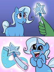 Size: 3072x4096 | Tagged: safe, artist:greenybeanz, imported from derpibooru, trixie, oc, oc:anon, pony, unicorn, big smile, blush sticker, blushing, cute, diatrixes, female, hand, high res, magic, mare, offscreen character, open mouth, open smile, smiling, solo focus, wand