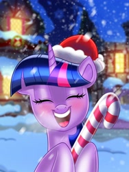 Size: 3072x4096 | Tagged: safe, artist:greenybeanz, imported from derpibooru, twilight sparkle, unicorn, breath, candy, candy cane, christmas, eyes closed, food, hat, holiday, open mouth, santa hat, snow, snowfall, solo