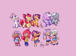 Size: 2048x1499 | Tagged: safe, artist:sumechiayuu, imported from derpibooru, apple bloom, diamond tiara, scootaloo, silver spoon, sweetie belle, earth pony, human, pegasus, pony, unicorn, cutie mark crusaders, female, filly, foal, humanized, pink background, self paradox, self ponidox, simple background