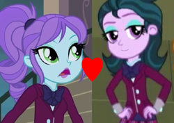 Size: 1010x714 | Tagged: safe, edit, edited screencap, imported from derpibooru, screencap, crystal lullaby, zephyr, human, equestria girls, friendship games, bowtie, clothes, crysephyr, crystal prep academy uniform, female, hand on hip, lesbian, ponytail, school uniform, shipping, shipping domino