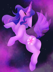 Size: 2048x2732 | Tagged: safe, artist:plushtrapez, imported from derpibooru, twilight sparkle, alicorn, pony, unicorn, alicorn transformation, anniversary, anniversary art, ascension, butt, ethereal wings, eyes closed, floppy ears, magical mystery cure tenth anniversary, plot, solo, transformation, twilight sparkle (alicorn), unicorn twilight, wings