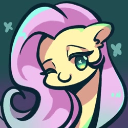 Size: 1080x1080 | Tagged: safe, artist:tkotu1, imported from derpibooru, fluttershy, pegasus, pony, bust, female, gradient background, looking at you, mare, no pupils, one eye closed, smiling, smiling at you, solo, wingding eyes, wink