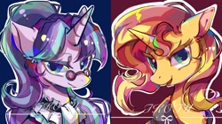 Size: 2048x1150 | Tagged: safe, artist:tkotu1, imported from derpibooru, snowfall frost, starlight glimmer, sunset shimmer, pony, unicorn, bust, duo, female, glasses, lidded eyes, looking at you, mare, signature, smiling, smiling at you