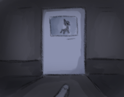 Size: 817x642 | Tagged: safe, anonymous artist, imported from derpibooru, sunny starscout, earth pony, pony, series:anorexic sunny, anorexia, bathroom door, blurry, door, female, g5, indoors, mare, monochrome, offscreen character, pov, running, sketch, solo