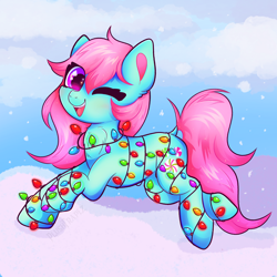 Size: 2048x2048 | Tagged: safe, artist:plushtrapez, imported from derpibooru, minty, pony, christmas, christmas lights, eye clipping through hair, g3, holiday, one eye closed, open mouth, open smile, smiling, solo, wink