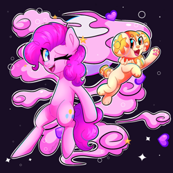 Size: 2048x2048 | Tagged: safe, artist:plushtrapez, imported from derpibooru, pinkie pie, earth pony, pony, crossover, duo, fidough, one eye closed, open mouth, pokémon
