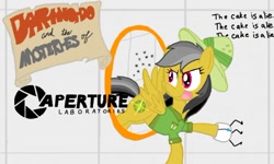 Size: 512x307 | Tagged: safe, artist:legend of random, artist:lily-tritoon, imported from derpibooru, daring do, pony, aperture science, female, mare, portal (valve), text, the cake is a lie, video game