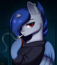 Size: 1600x1814 | Tagged: safe, artist:alunedoodle, imported from derpibooru, oc, oc only, oc:lennox, alicorn, pony, blue hair, bust, cigarette, clothes, commission, ear piercing, hoodie, male, night, piercing, portrait, smoke, smoking, solo, stallion, ych result
