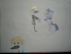 Size: 900x675 | Tagged: safe, artist:swordsparks, imported from derpibooru, twilight sparkle, bird, blue jay, pony, unicorn, blondecai, colored pencil drawing, crossover, crossover shipping, female, holding hooves, imagination, male, mordecai, mordetwi, pencil drawing, photo, rearing, regular show, rough sketch, shipping, straight, thought bubble, traditional art