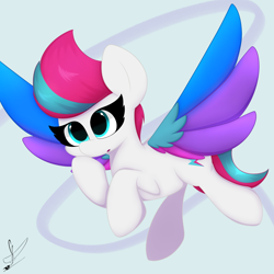 Size: 3000x3000 | Tagged: safe, artist:daftramms, imported from derpibooru, zipp storm, pegasus, pony, adorazipp, colored wings, cute, fanart, female, flying, g5, high res, mare, multicolored wings, open mouth, signature, simple background, solo, spread wings, wings