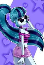 Size: 1500x2200 | Tagged: safe, artist:nekojackun, imported from derpibooru, sonata dusk, human, equestria girls, ass, bare shoulders, bedroom eyes, breasts, busty sonata dusk, butt, choker, clothes, eyebrows, eyeshadow, female, heart, looking at you, looking back, looking back at you, makeup, midriff, miniskirt, outline, pose, rear view, seductive, seductive pose, shirt, short shirt, shorts, side view, sideboob, skirt, smiling, smiling at you, solo, sonata donk, spiked wristband, stars, strapless, sunglasses, tube top, white outline, wristband