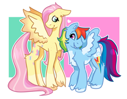 Size: 1280x998 | Tagged: safe, artist:sonorousinclemency, imported from derpibooru, fluttershy, rainbow dash, pegasus, pony, chest fluff, duo, female, flutterdash, freckles, freckleshy, heart, height difference, lesbian, looking at each other, looking at someone, shipping, smiling, smiling at each other, spread wings, tallershy, unshorn fetlocks, wings