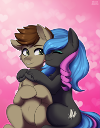 Size: 2035x2596 | Tagged: safe, artist:alunedoodle, imported from derpibooru, oc, oc:obabscribbler, earth pony, pony, couple, duo, female, hug, licking, male, mare, stallion, tongue out, two toned mane