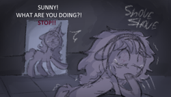 Size: 1007x570 | Tagged: safe, anonymous artist, imported from derpibooru, izzy moonbow, sunny starscout, earth pony, pony, unicorn, series:anorexic sunny, anorexia, anorexic, bathroom, bloodshot eyes, caught, crying, duo, emaciated, female, g5, mare, purging, skinny, starvation, thin, vomit, vomiting