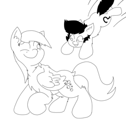 Size: 3508x3508 | Tagged: safe, artist:ponny, imported from derpibooru, derpy hooves, oc, oc:filly anon, earth pony, pegasus, pony, duo, female, filly, glomp, leaping, monochrome, pounce, simple background, smiling, white background