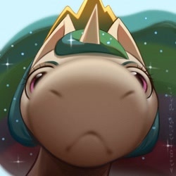 Size: 1500x1500 | Tagged: safe, artist:rrd-artist, imported from derpibooru, princess celestia, alicorn, pony, :<, :c, bust, close-up, crown, cute, cutelestia, do you have games on your phone?, ethereal mane, extreme close-up, female, fisheye lens, frown, give me my dishes, horn, jewelry, looking at you, majestic as fuck, mare, meme, muzzle, regalia, sillestia, silly, snoot, solo, staring into your soul, wat