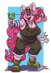 Size: 1434x2048 | Tagged: safe, artist:peachykireen, imported from derpibooru, pinkie pie, anthro, earth pony, anime, breasts, chubby, cleavage, clothes, cosplay, costume, crossover, female, goggles, one piece, open mouth, overalls, slingshot, solo, usopp