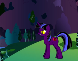 Size: 830x650 | Tagged: safe, alternate version, artist:swordsparks, imported from derpibooru, twilight sparkle, oc, oc:twilight void, pony, unicorn, pony creator, alternate character, alternate universe, dark, grass, grass field, night, night sky, recolor, sky, slit pupils, solo, tree, yellow eyes