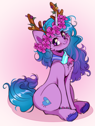 Size: 1653x2203 | Tagged: safe, artist:pledus, imported from derpibooru, izzy moonbow, pony, unicorn, spoiler:g5, spoiler:winter wishday, antlers, cute, female, floral head wreath, flower, g5, gradient hair, gradient tail, izzybetes, looking at you, mare, my little pony: make your mark, my little pony: make your mark chapter 3, reindeer antlers, signature, sitting, solo, tail, winter wishday