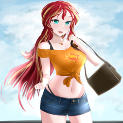 Size: 3709x3709 | Tagged: safe, artist:toffrox, imported from derpibooru, sunset shimmer, human, bag, belly button, bra, bra strap, breasts, clothes, cloud, cutie mark on clothes, denim, denim shorts, female, front knot midriff, geode of empathy, hand, humanized, jeans, light skin, looking at you, magical geodes, midriff, open mouth, open smile, panties, pants, shorts, smiling, solo, thong, underwear