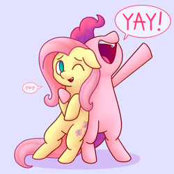 Size: 864x864 | Tagged: safe, artist:castawayke, imported from derpibooru, fluttershy, pinkie pie, earth pony, pegasus, pony, bipedal, cute, diapinkes, duo, female, floppy ears, hoof around neck, mare, no pupils, one eye closed, open mouth, open smile, shyabetes, smiling, speech bubble, volumetric mouth, yay