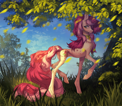 Size: 4422x3862 | Tagged: safe, artist:meggychocolatka, imported from derpibooru, roseluck, pony, butt, collar, colored, commission, commissioner:doom9454, concave belly, cute, grass, leaves, long tail, pet tag, plot, pony pet, rosepet, scenery, shading, solo, tail, thin, tree