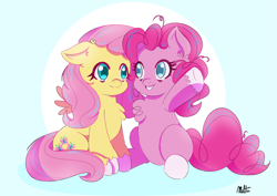 Size: 4093x2894 | Tagged: safe, artist:multi02, imported from derpibooru, fluttershy, pinkie pie, earth pony, pegasus, pony, blue background, chest fluff, colored pupils, cute, diapinkes, duo, duo female, female, high res, looking at each other, looking at someone, mare, shyabetes, simple background, sitting, smiling, smiling at each other