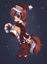 Size: 1509x2023 | Tagged: safe, artist:belkaart0w0, imported from derpibooru, oc, oc only, earth pony, :p, blushing, bow, candy, candy cane, clothes, female, food, hat, heart, mare, scarf, socks, solo, striped scarf, tail, tail bow, tongue out