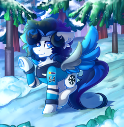 Size: 2219x2274 | Tagged: safe, artist:yuris, imported from derpibooru, oc, oc only, pegasus, pony, bush, clothes, colored pupils, ears back, fluffy mane, forest, frog (hoof), hockey, jacket, looking at you, male, park, pine tree, pole, smiling, snow, solo, sports, spread wings, trade, tree, underhoof, waving, waving at you, wings, winter