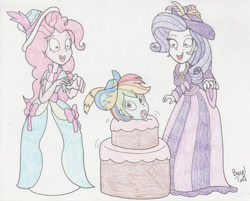 Size: 1400x1124 | Tagged: safe, artist:bageloftime, imported from derpibooru, applejack, rainbow dash, rarity, human, equestria girls, cake, clothes, coronation dress, dress, food, go to sleep wind rider, gown, insanity, long dress, long skirt, skirt, traditional art, trio