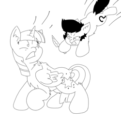 Size: 3508x3508 | Tagged: safe, alternate version, artist:ponny, imported from derpibooru, twilight sparkle, oc, oc:filly anon, alicorn, earth pony, angry, duo, female, filly, foal, frown, knife, leaping, mare, monochrome, pounce, shocked, simple background, twilight sparkle (alicorn), white background