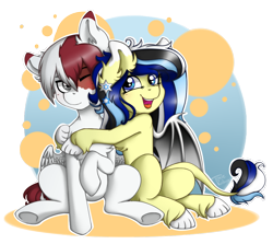 Size: 1100x980 | Tagged: safe, artist:toxiccolour, imported from derpibooru, oc, oc only, bat pony, pegasus, pony, bat pony oc, ear fluff, female, hug, leonine tail, male, mare, one eye closed, pegasus oc, simple background, smiling, stallion, tail, transparent background, unshorn fetlocks, wink